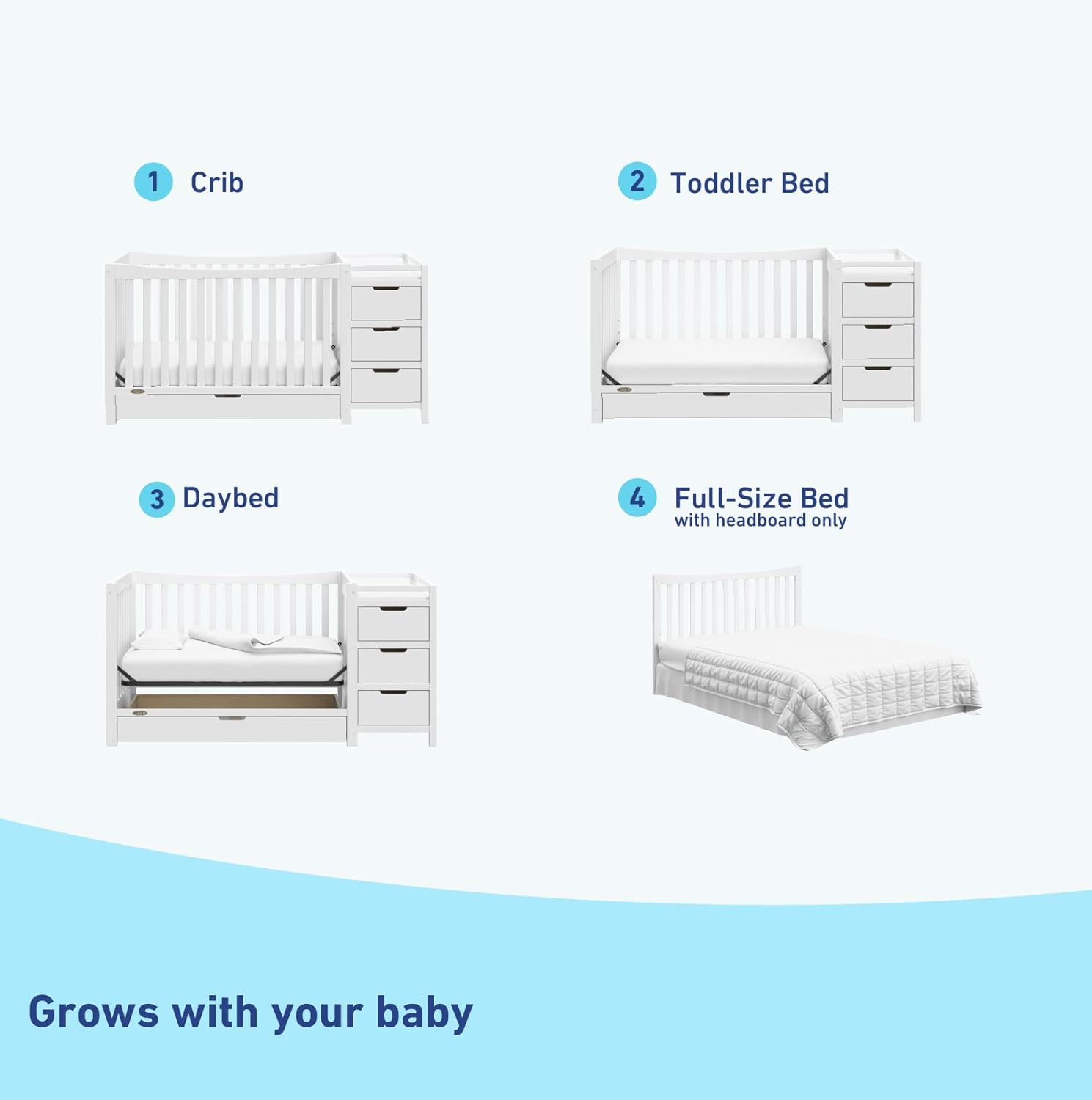 Graco Remi 4-in-1 Convertible Crib & Changer – GREENGUARD Gold Certified, Fits Standard Crib Mattress, Converts to Toddler Bed and Full Bed, 4 Adjustable Mattress Heights (White)