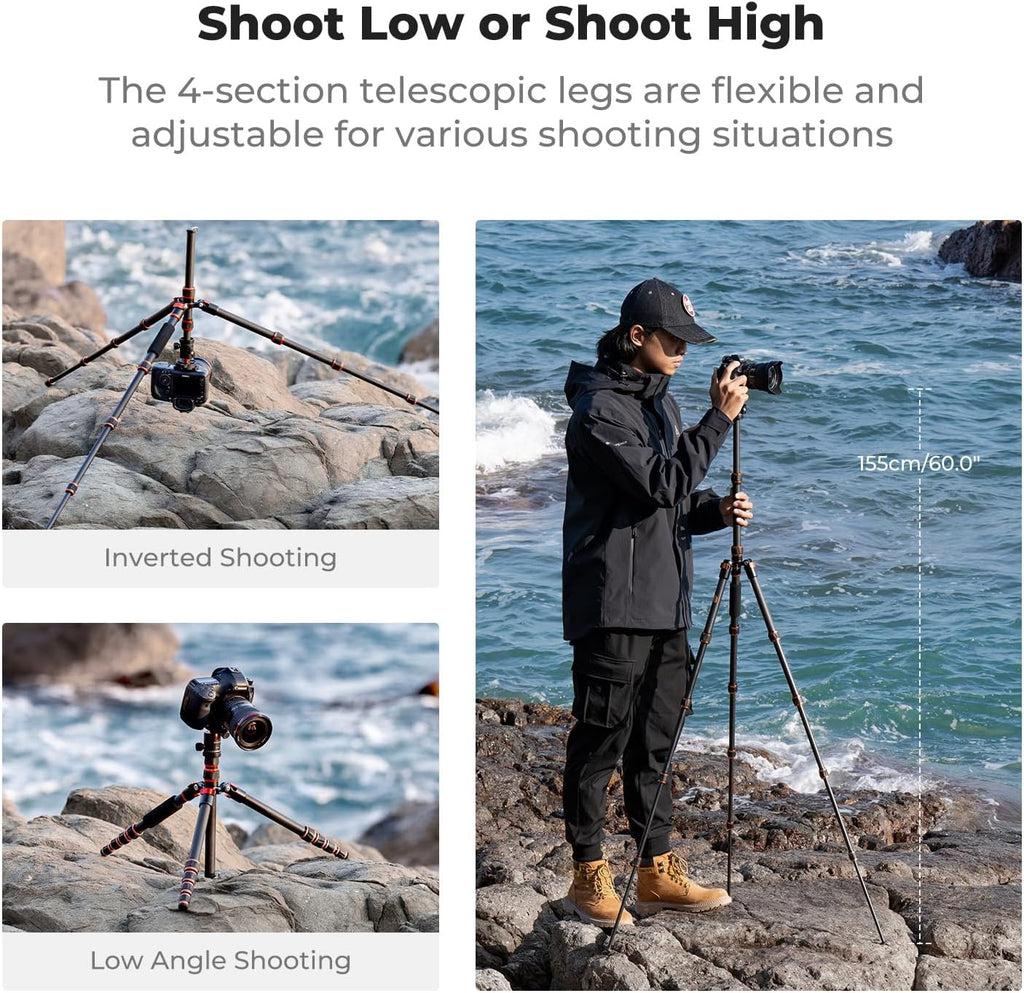 K&F Concept 60 inch Carbon Fiber Camera Tripod,Super Lightweight Compact Travel Tripod with 360 Degree Ball Head,Quick Release Plate,Detachable Monopod 8KG Load Capacity for SLR DSLR C225C0 (BA225)