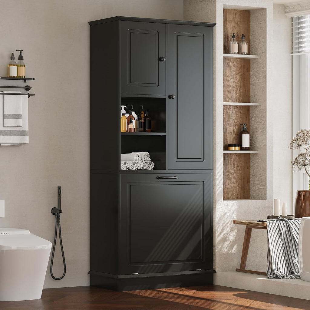 68" Tall Bathroom Storage Cabinet with Two Doors and Laundry Hamper for Home Display Organizer, Adjustable Shelf, Gray