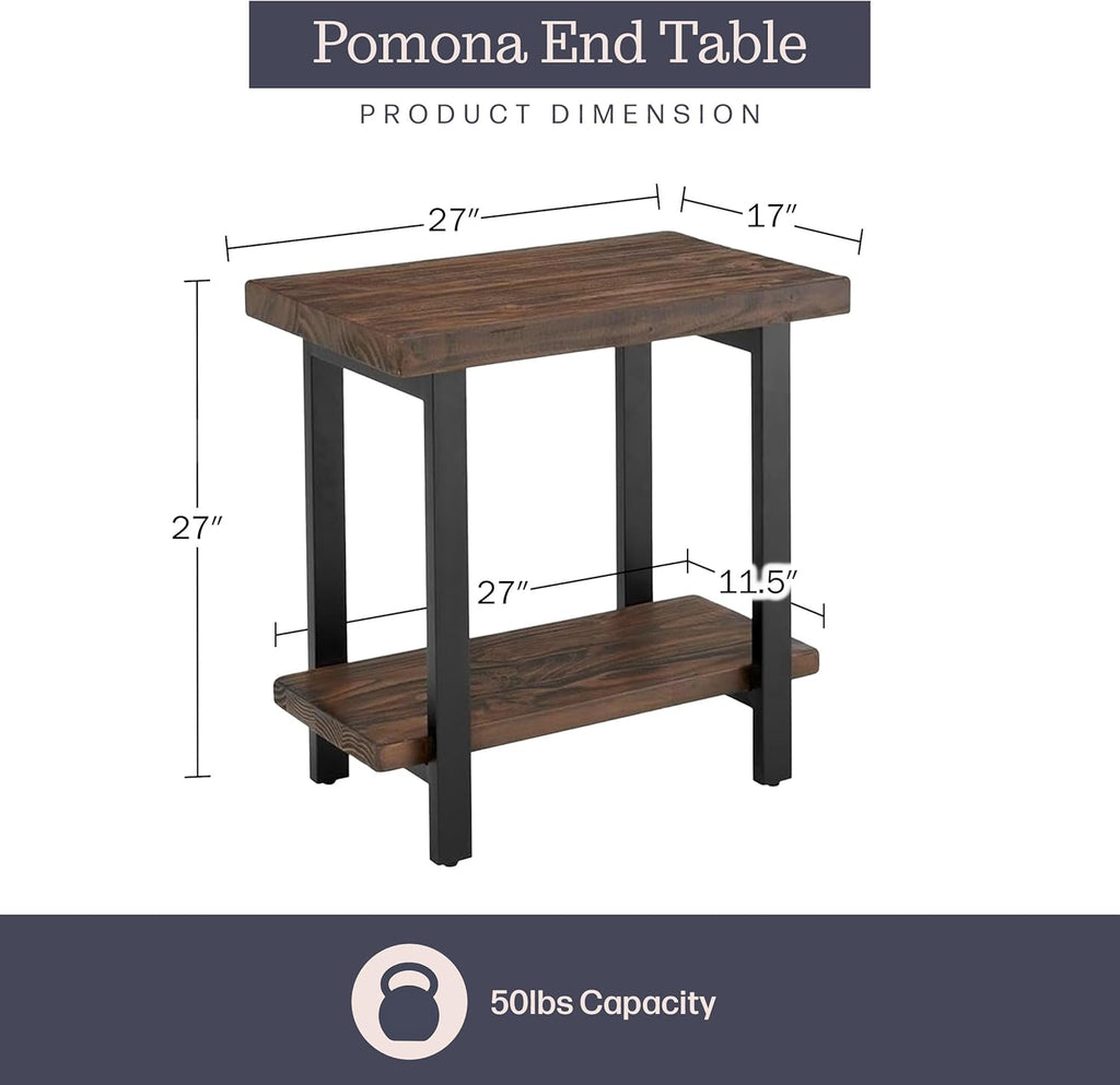 Alaterre Furniture Pomona Living Room 2-Tier Solid Wood End Table with Natural Finish and Metal Legs – Modern Farmhouse Accent or Home Décor (Rustic Brown)