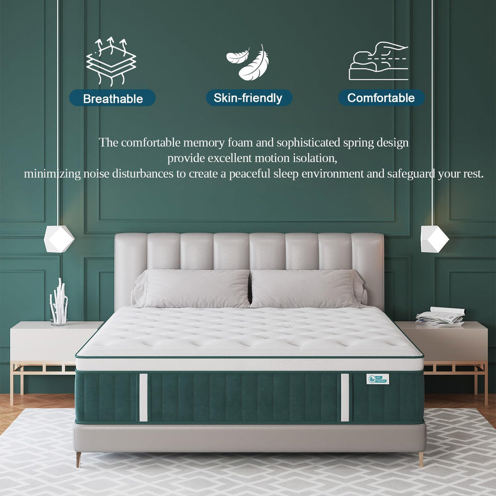 Queen Mattress, 14 Inch Hybrid Mattresses Green with Gel Memory Foam and Individually Pocket Innerspring Euro Top Medium Firm for Motion Isolation, Edge Support
