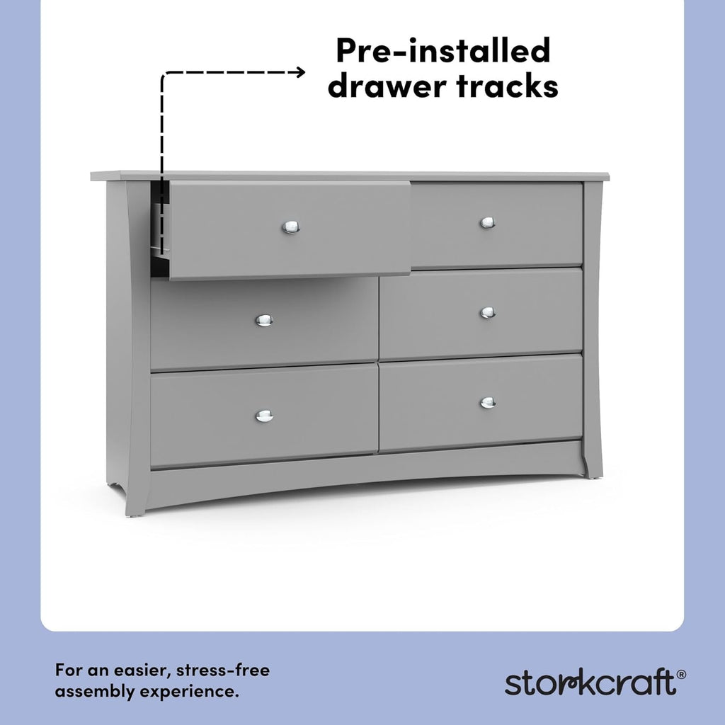 Storkcraft Crescent 6-Drawer Dresser (Pebble Gray) – GREENGUARD Gold Certified, Gray Dresser for Bedroom, Kids & Nursery Storage Chest, Safety Interlocking Drawers, Pre-Installed Tracks, Kids Chest