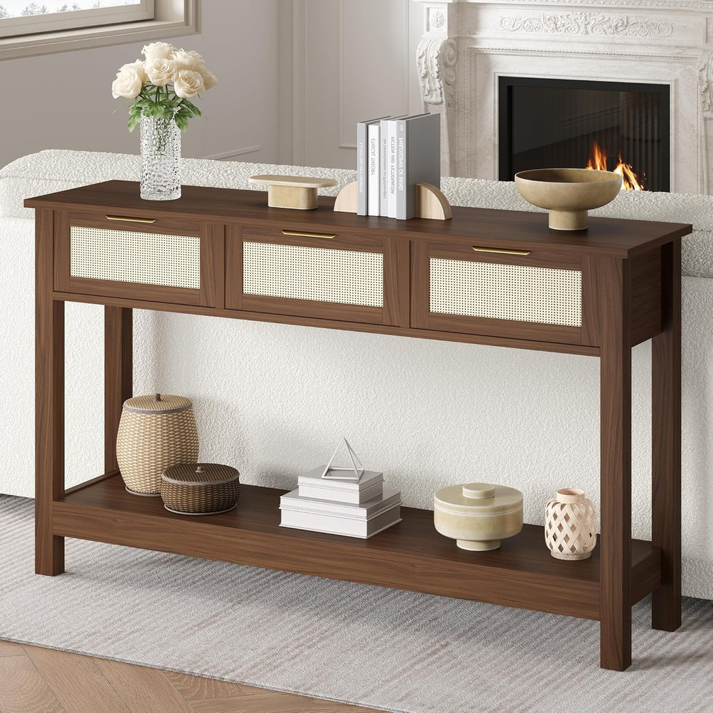 Luoxiao Console Table for Entryway with 3 Rattan Drawers Boho Entry Table with Storage Open Shelf, Narrow Long Sofa Tables for Living Room, Hallway, Foyer, Couch, Front Door, Walnut, 47 Inch