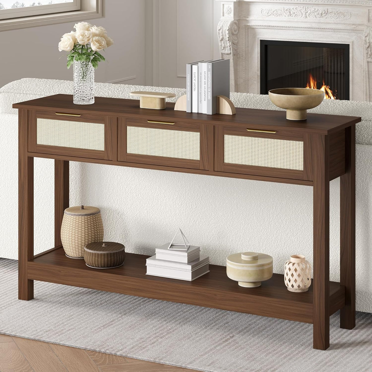 Luoxiao Console Table for Entryway with 3 Rattan Drawers Boho Entry Table with Storage Open Shelf, Narrow Long Sofa Tables for Living Room, Hallway, Foyer, Couch, Front Door, Walnut, 47 Inch