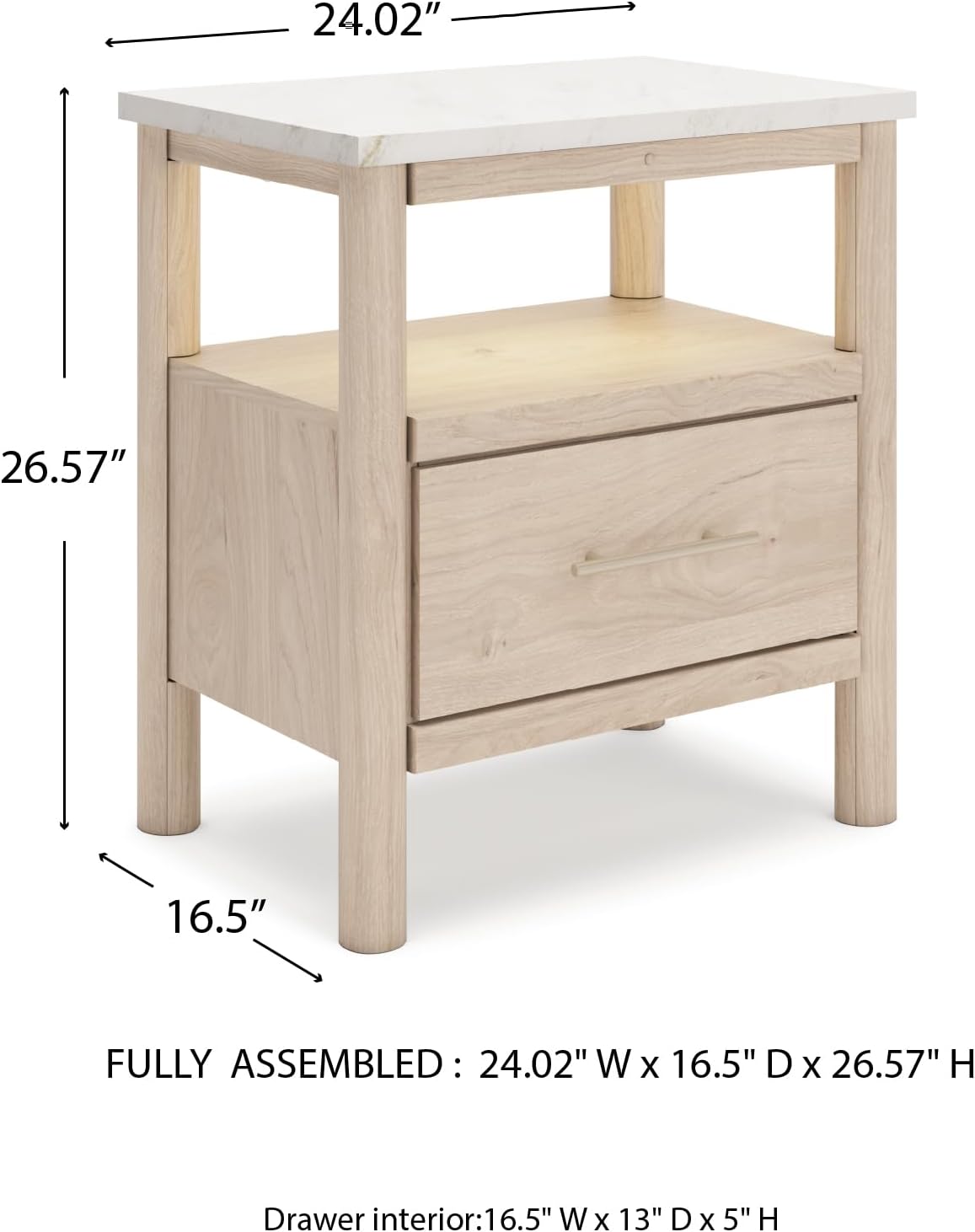 Signature Design by Ashley Cadmori Casual Faux Marble Tabletop 1 Drawer Nightstand with Open Shelf, Ambient Lights, Wireless Charging and USB-C Ports, 26.57" Tall, Light Brown & White