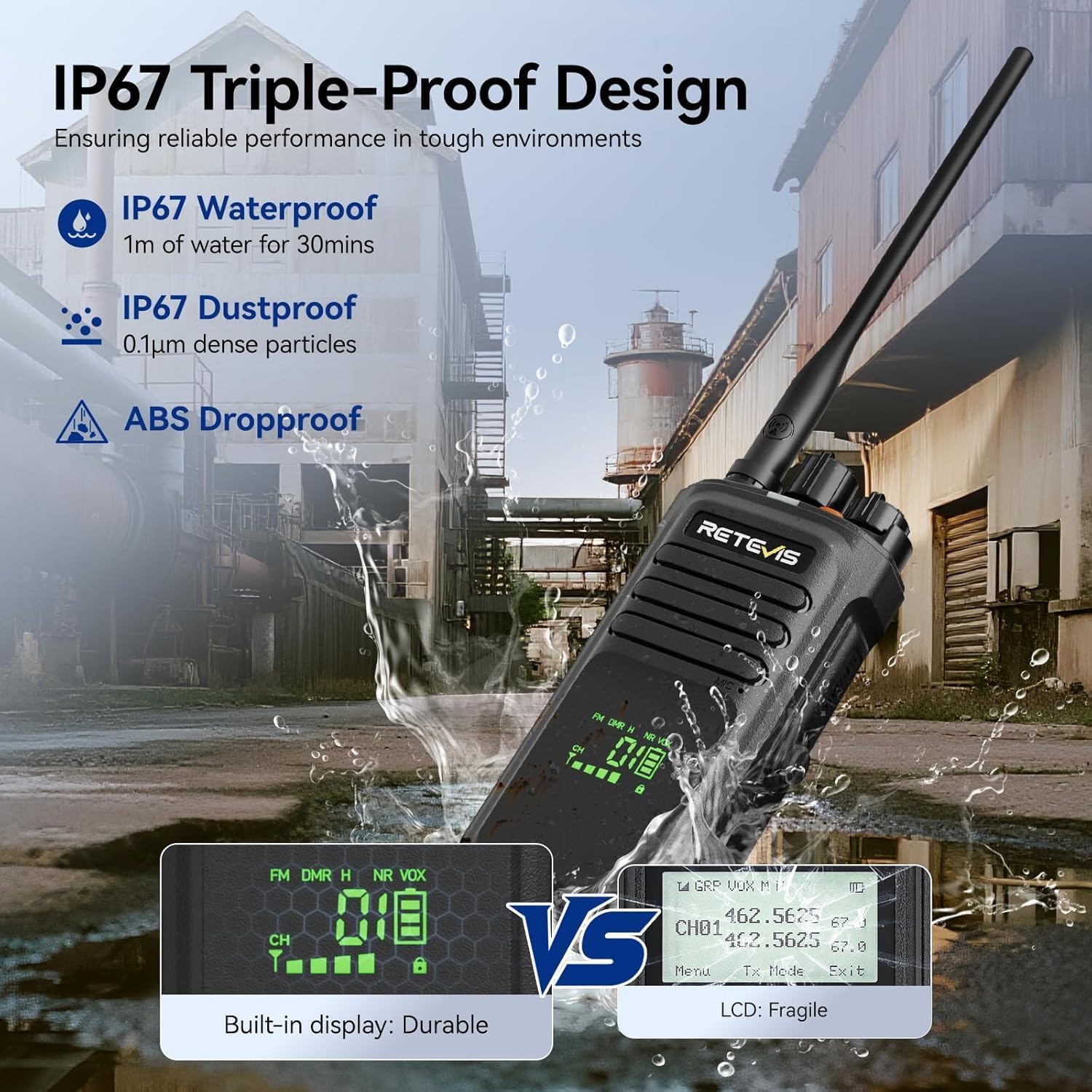 Retevis NR40 DMR 2 Way Radio with Earpiece,High Power Digital Walkie Talkies,Noise Cancelling,Digital/Analog,Quadruple Alarm,IP67 Waterproof,Professional Two Way Radios for Warehouse Industry(2 Pack)