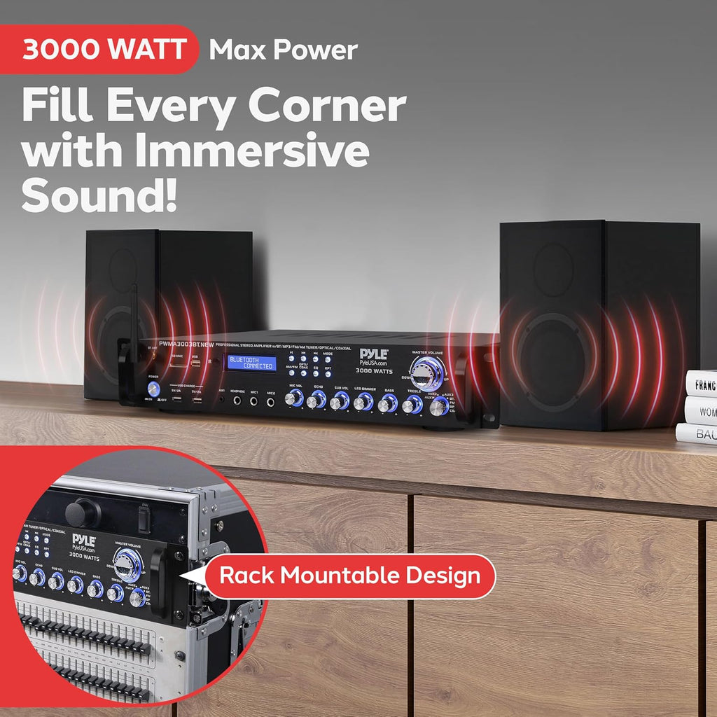 Pyle Bluetooth Home Audio Power Amplifier -4 Ch. 3000W, Stereo Receiver w/Speaker Selector, FM Radio, USB, Headphone, 2 Wireless Mics for Karaoke, Great for Home Entertainment System - PWMA3003BT.NEW