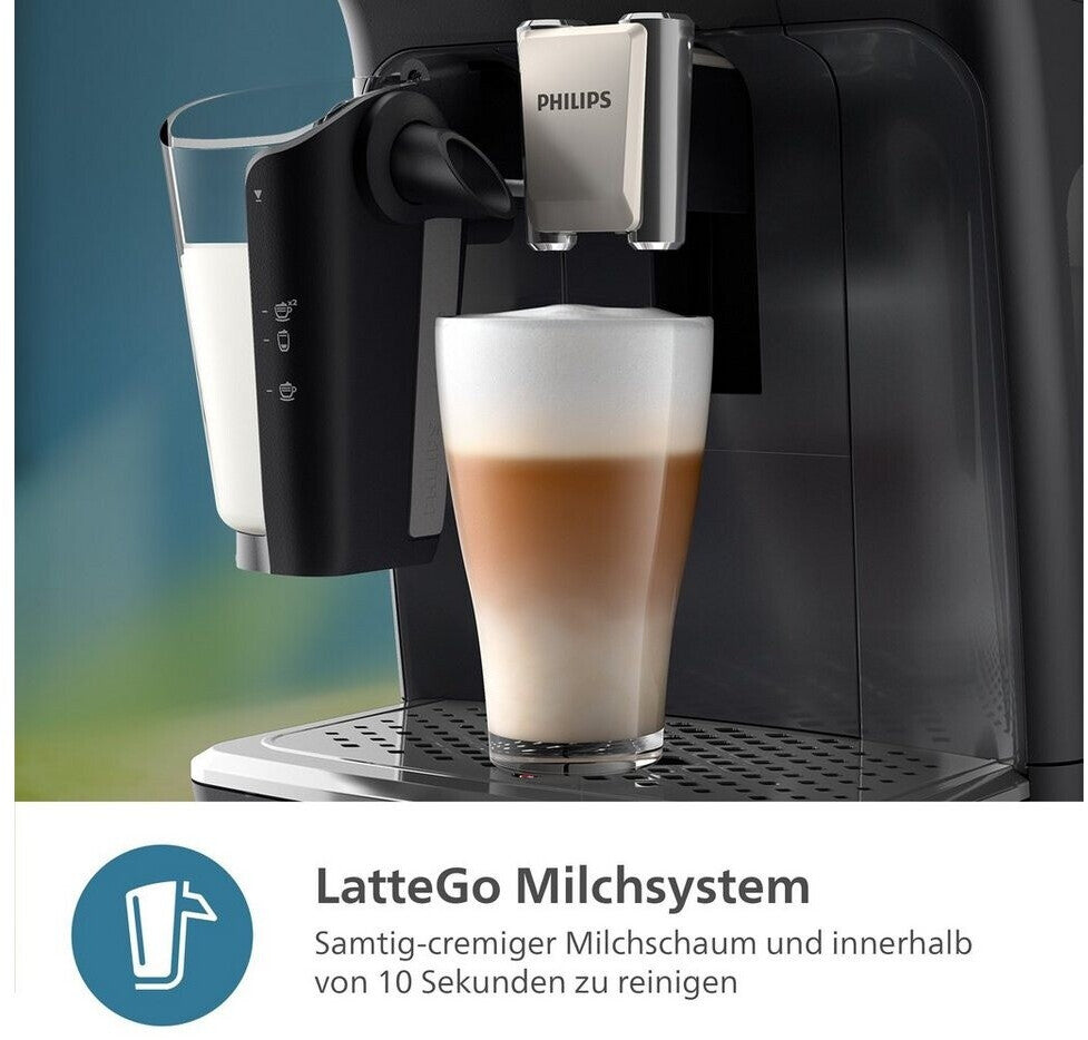 PHILIPS Kaffeevollautomat EP4441/50 4400 Series, 12 Kaffeespezialitäten (heiß oder eisgekühlt), LatteGo-Milchsystem, SilentBrew Technologie – Schwarz
