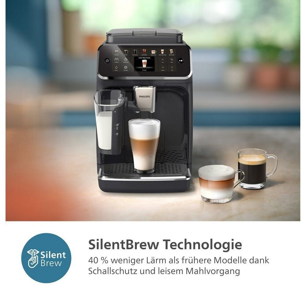 PHILIPS Kaffeevollautomat EP4441/50 4400 Series, 12 Kaffeespezialitäten (heiß oder eisgekühlt), LatteGo-Milchsystem, SilentBrew Technologie – Schwarz