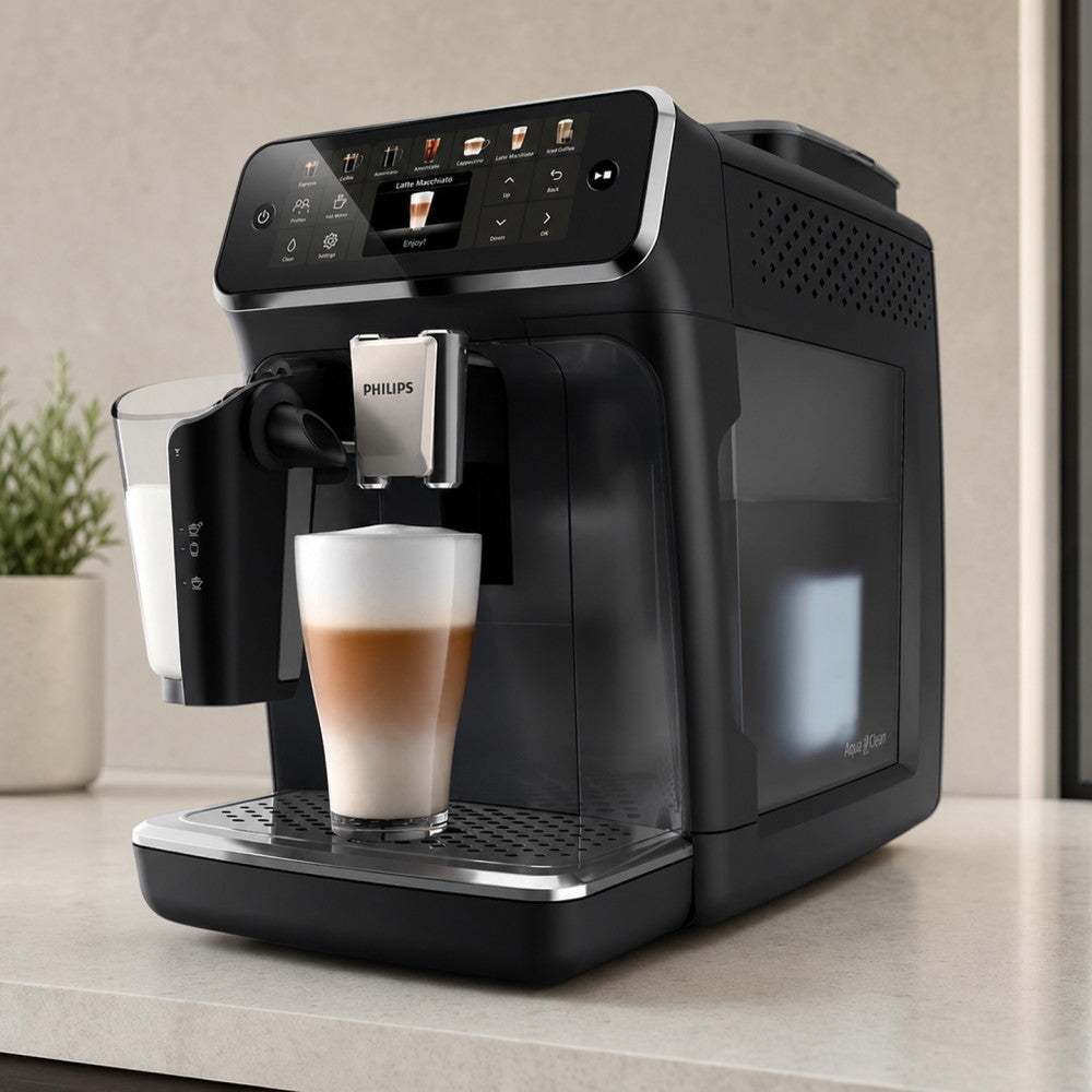 PHILIPS Kaffeevollautomat EP4441/50 4400 Series, 12 Kaffeespezialitäten (heiß oder eisgekühlt), LatteGo-Milchsystem, SilentBrew Technologie – Schwarz